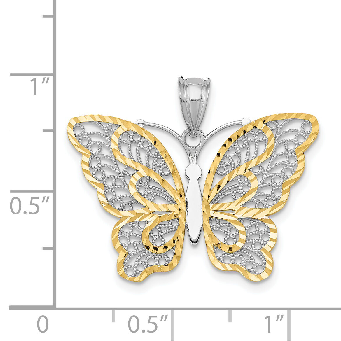 14k White Gold W/Yellow Rhodium Polished Filigree Butterfly Pendant-K5987