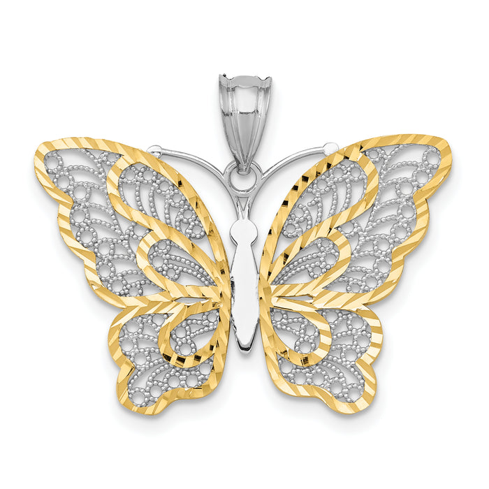 14k White Gold W/Yellow Rhodium Polished Filigree Butterfly Pendant-K5987