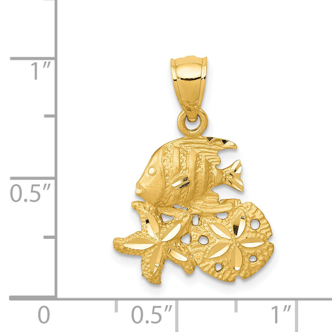 14k Satin Diamond-cut Fish, Starfish and Sand Dollar Pendant-K6054