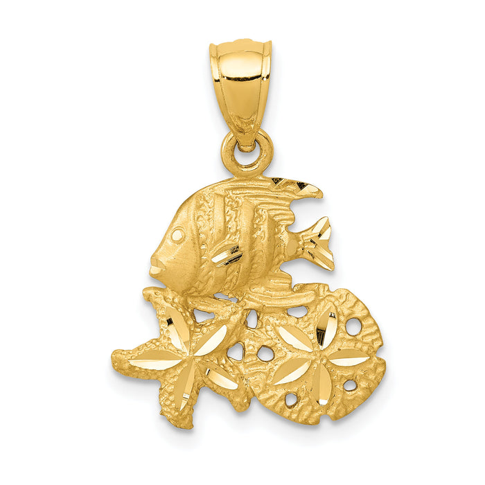 14k Satin Diamond-cut Fish, Starfish and Sand Dollar Pendant-K6054