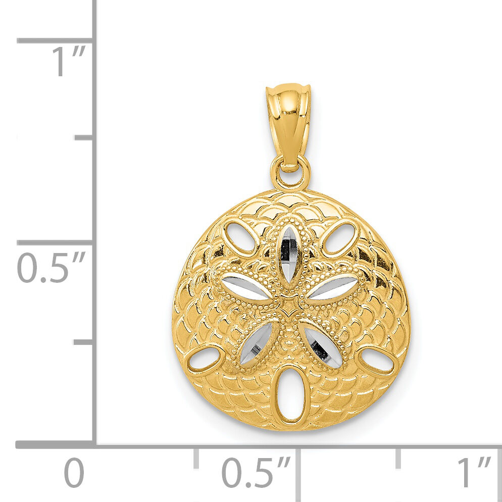 14k w/Rhodium Diamond-cut Polished Sand Dollar Pendant-K6072