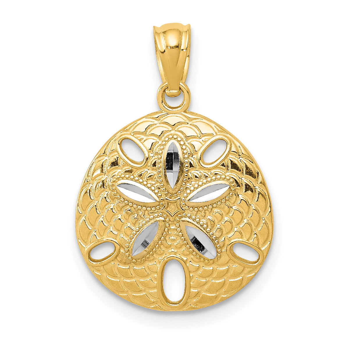 14k w/Rhodium Diamond-cut Polished Sand Dollar Pendant-K6072