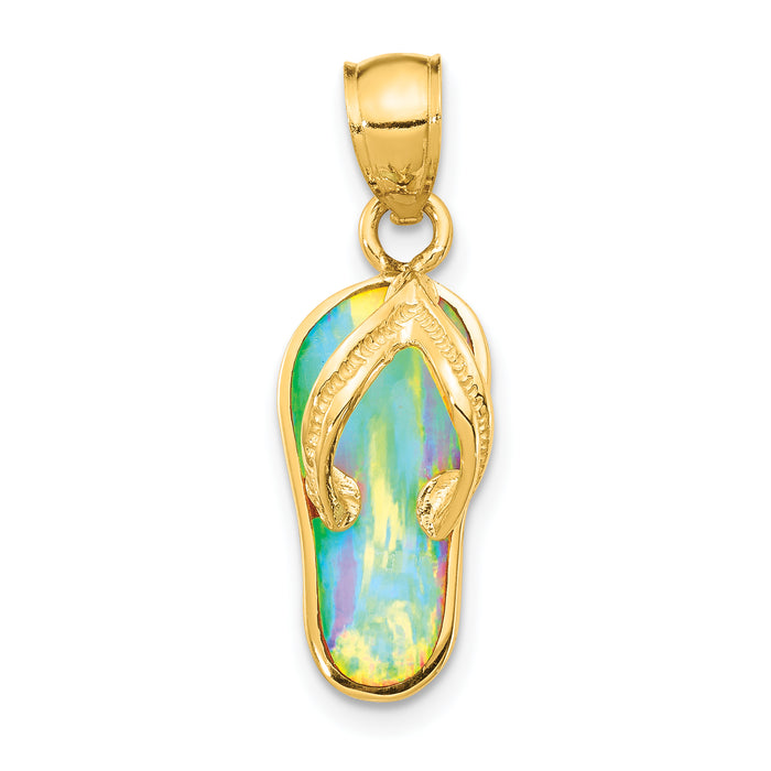 14k Polished 3D w/Created White Opal Flip Flop Pendant-K6089