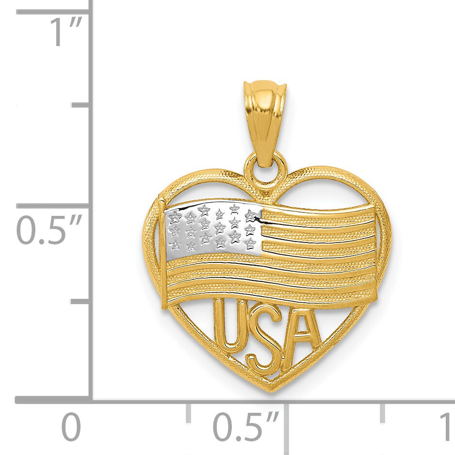 14k w/Rhodium Polished American Flag USA in Heart Pendant-K6111