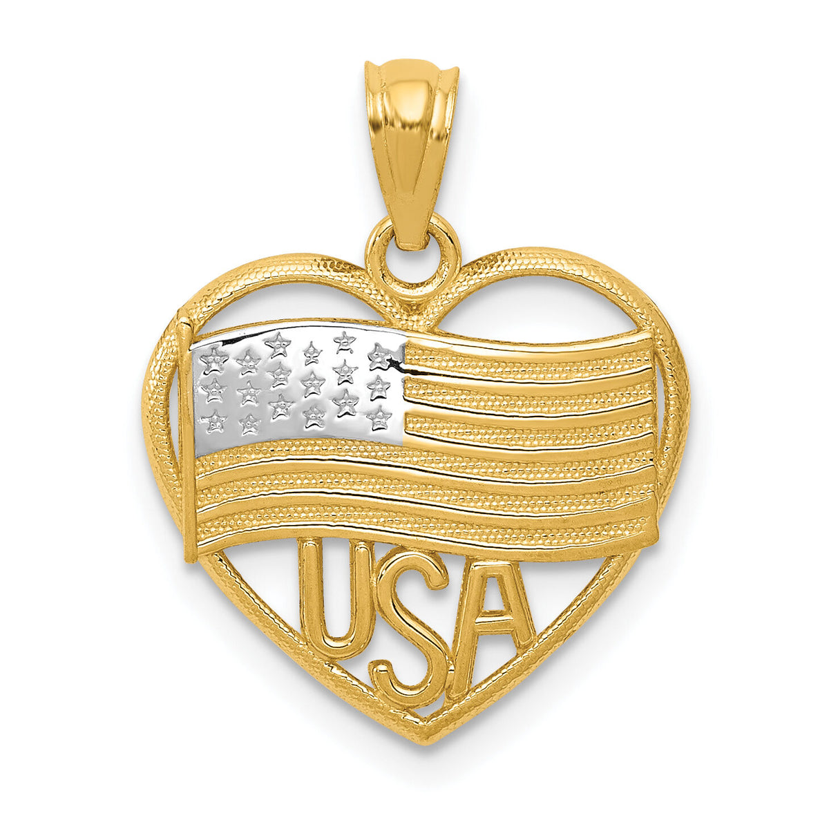 14k w/Rhodium Polished American Flag USA in Heart Pendant-K6111