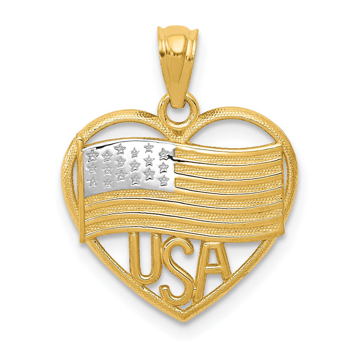 14k w/Rhodium Polished American Flag USA in Heart Pendant-K6111