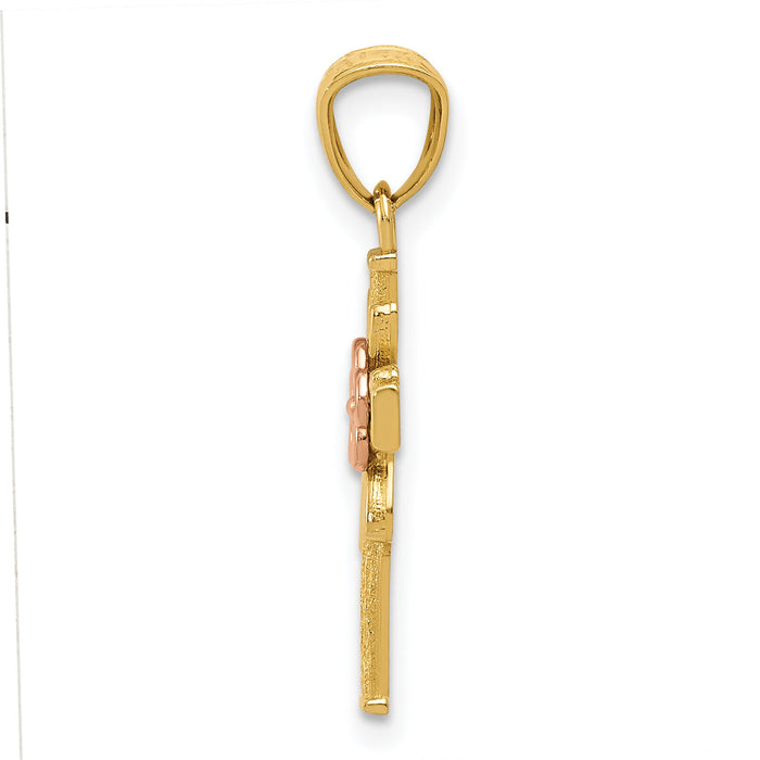 14K Two-tone Polished D/C Cross w/Flower Pendant-K6160