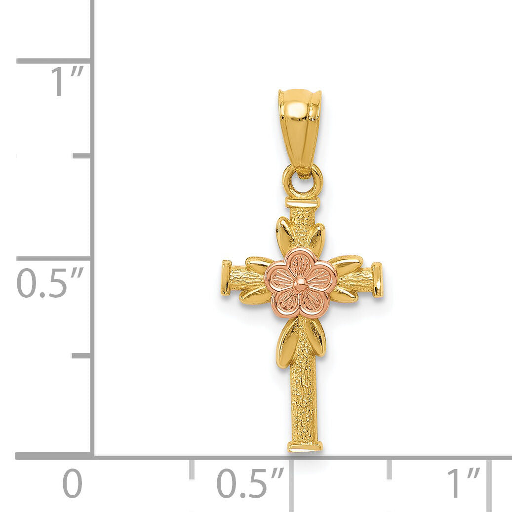 14K Two-tone Polished D/C Cross w/Flower Pendant-K6160