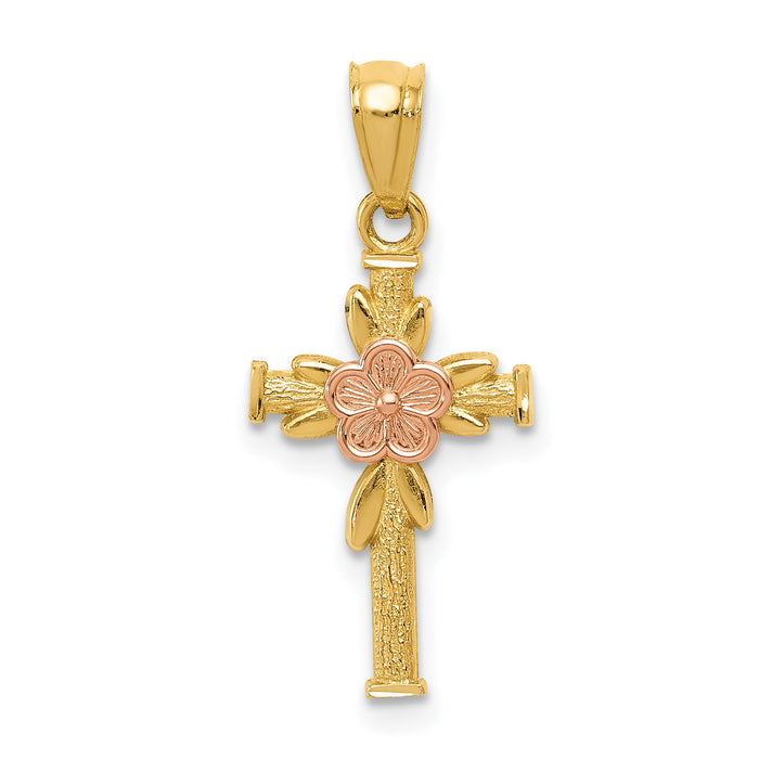 14K Two-tone Polished D/C Cross w/Flower Pendant-K6160
