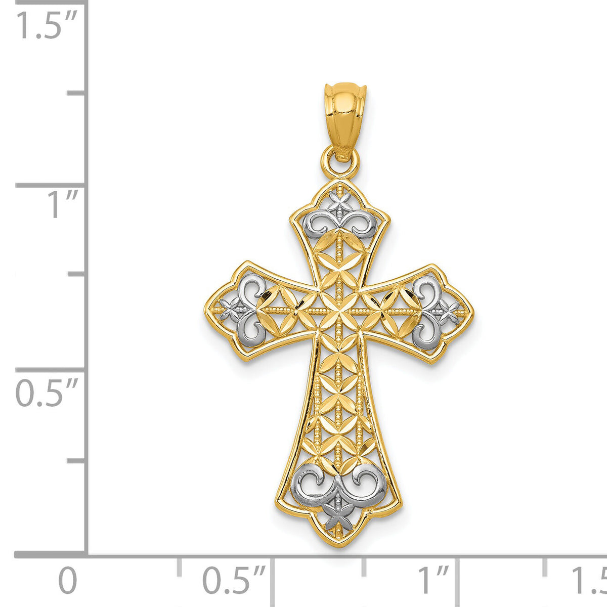 14k w/Rhodium Polished D/C Filigree Cross Pendant-K6176