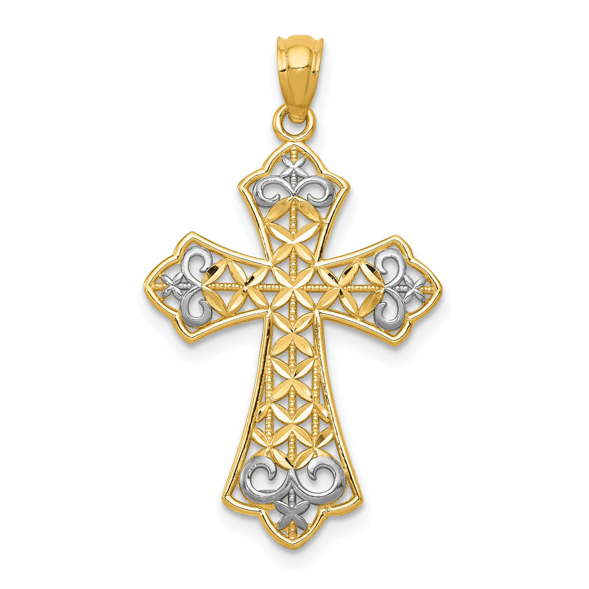 14k w/Rhodium Polished D/C Filigree Cross Pendant-K6176