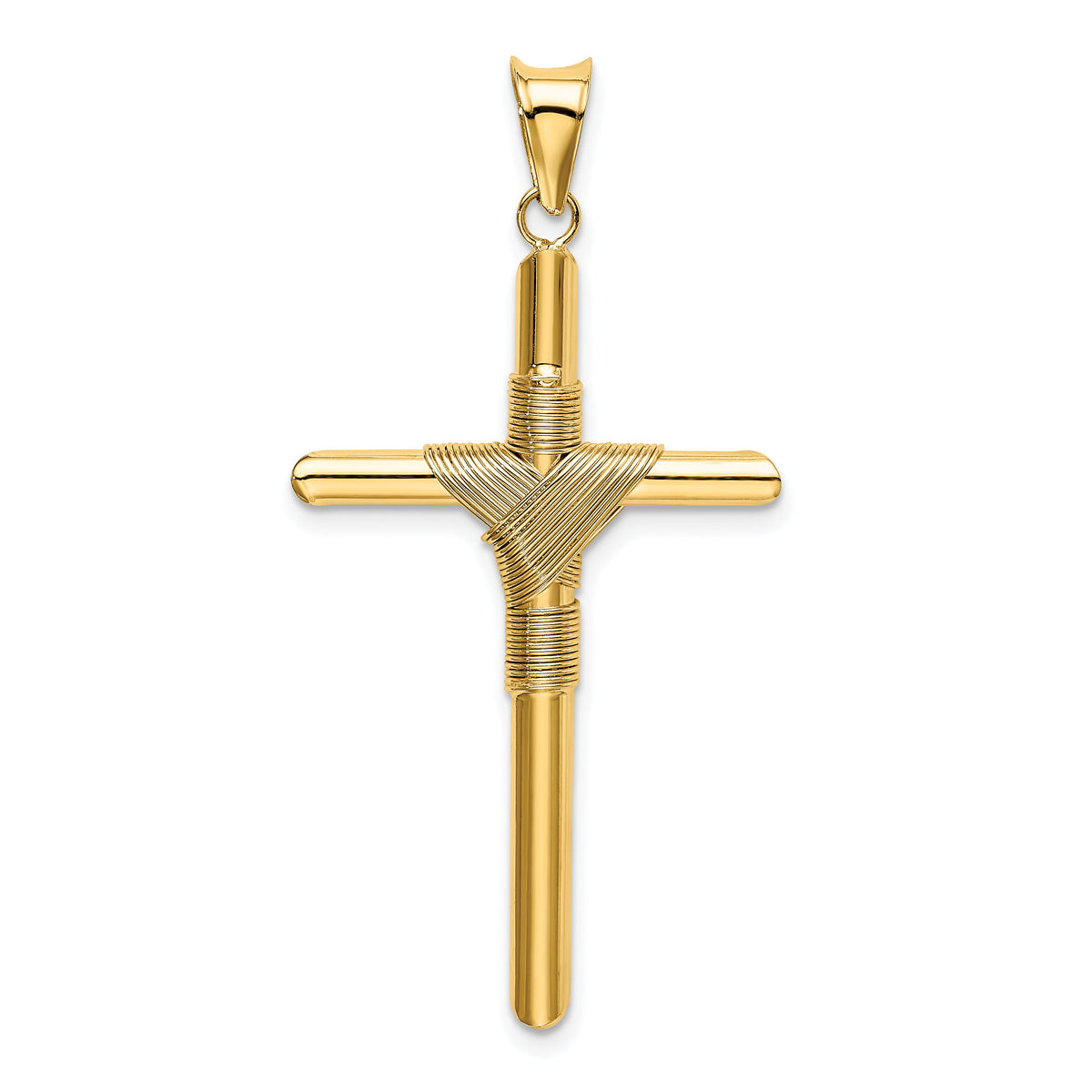 14K Polished w/Center Wrap Tube Cross Pendant-K6188