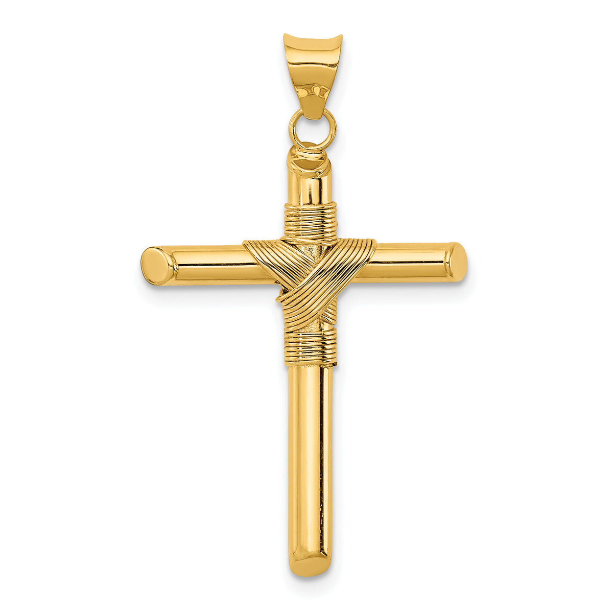 14K Polished w/Center Wrap Tube Cross Pendant-K6189
