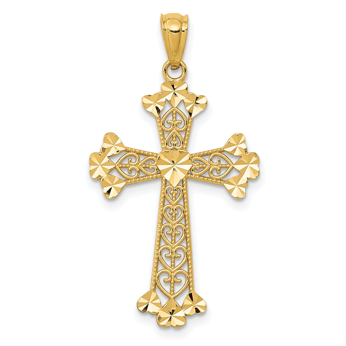 14k Diamond-cut Polished Filigree Hearts Cross Pendant-K6241