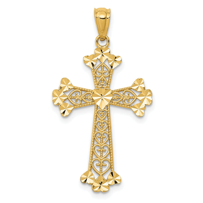 14k Diamond-cut Polished Filigree Hearts Cross Pendant-K6241