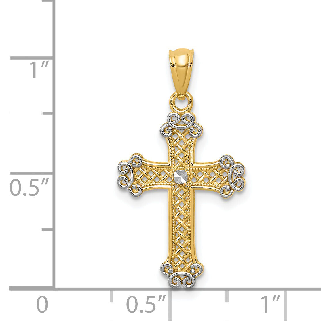 14k w/Rhodium Diamond-cut Filigree Cross Pendant-K6266