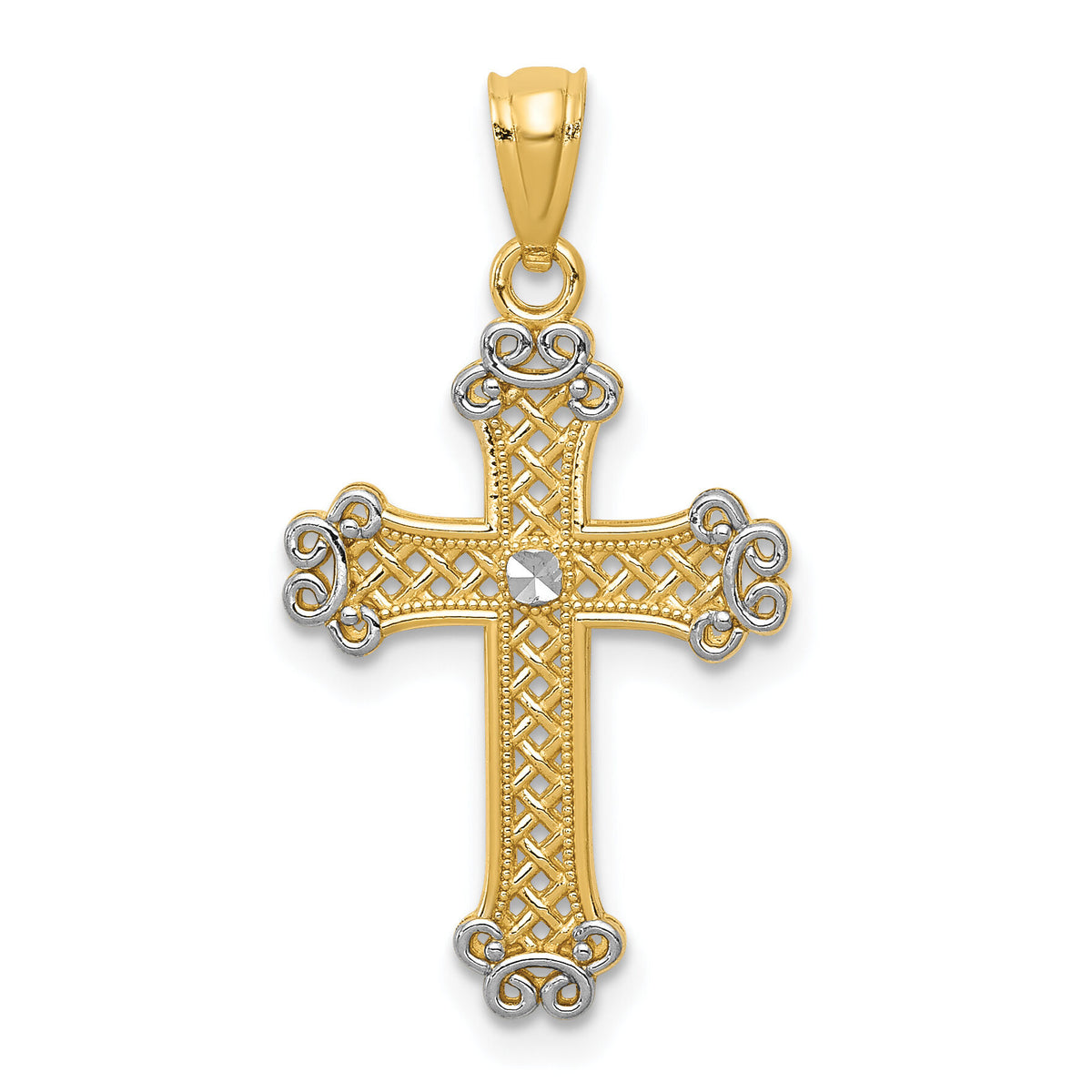14k w/Rhodium Diamond-cut Filigree Cross Pendant-K6266
