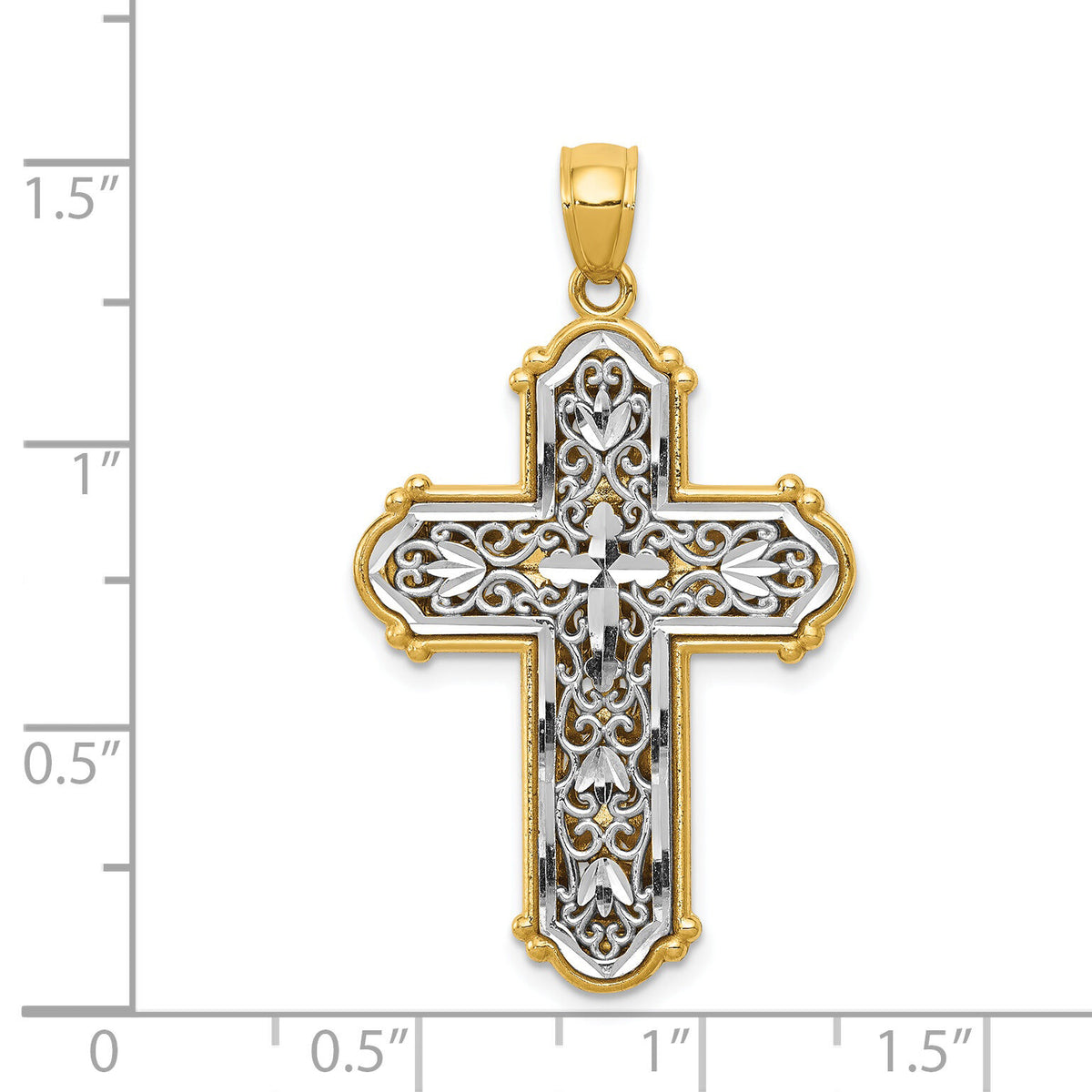 14k w/Rhodium Reversible Diamond-cut Filigree Cross Pendant-K6267