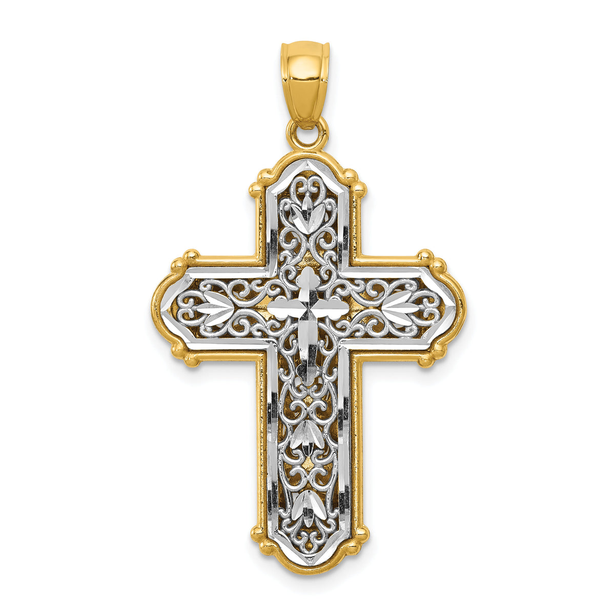 14k w/Rhodium Reversible Diamond-cut Filigree Cross Pendant-K6267