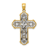 14k w/Rhodium Reversible Diamond-cut Filigree Cross Pendant-K6267
