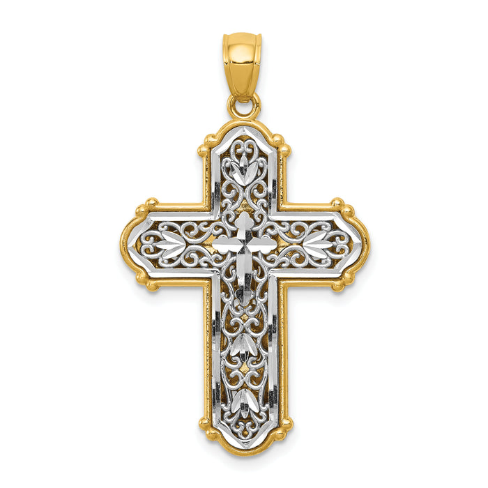 14k w/Rhodium Reversible Diamond-cut Filigree Cross Pendant-K6267
