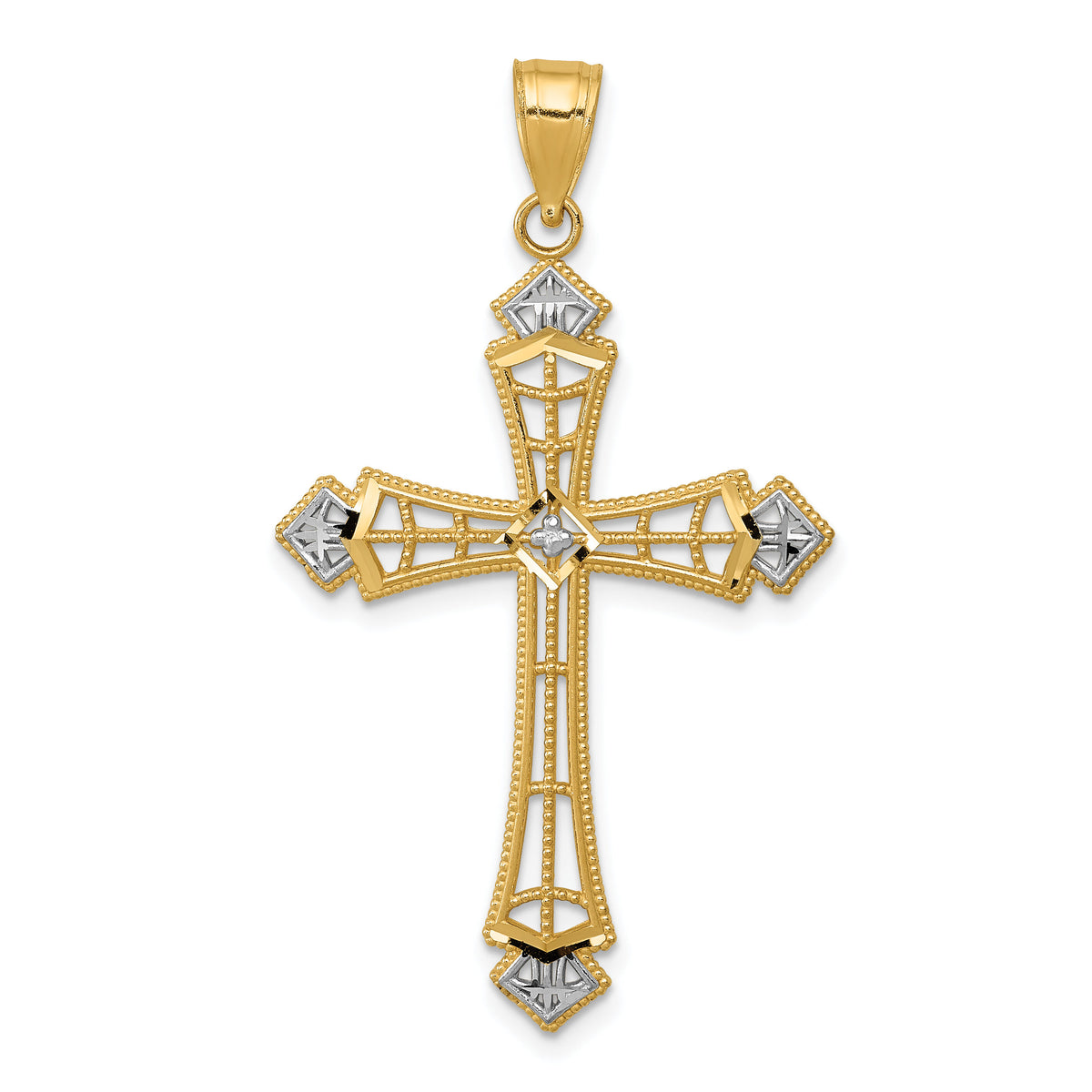14k w/Rhodium Diamond-cut Cross Pendant-K6275