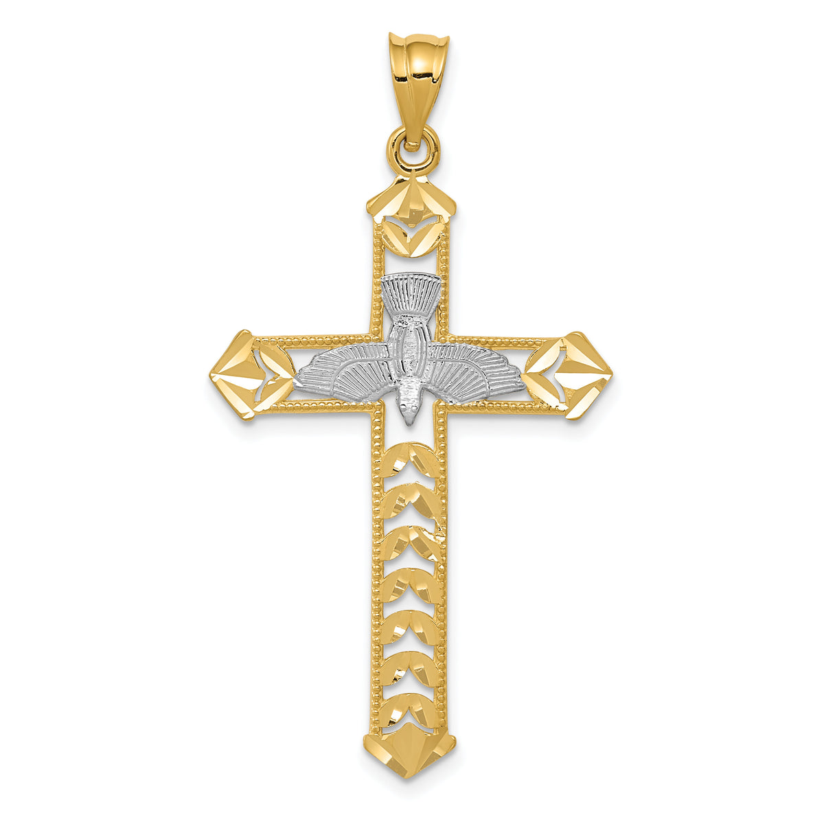 14K W/Rhodium Polished Diamond-Cut Dove Cross Pendant-K6278