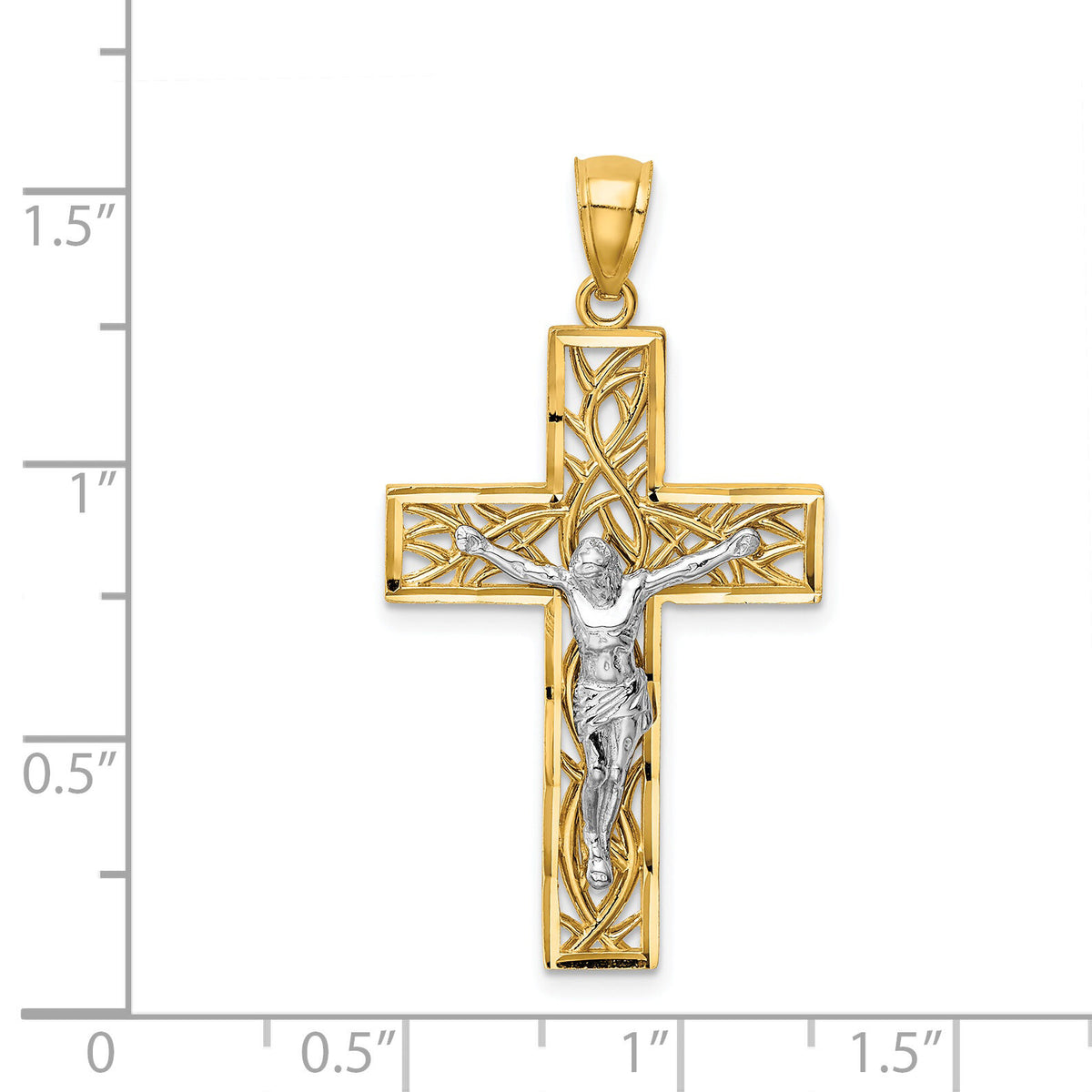 14K Two-Tone Satin Polished D/C Crucifix W/Vines Pendant-K6300