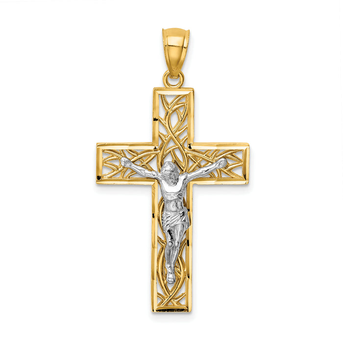 14K Two-Tone Satin Polished D/C Crucifix W/Vines Pendant-K6300