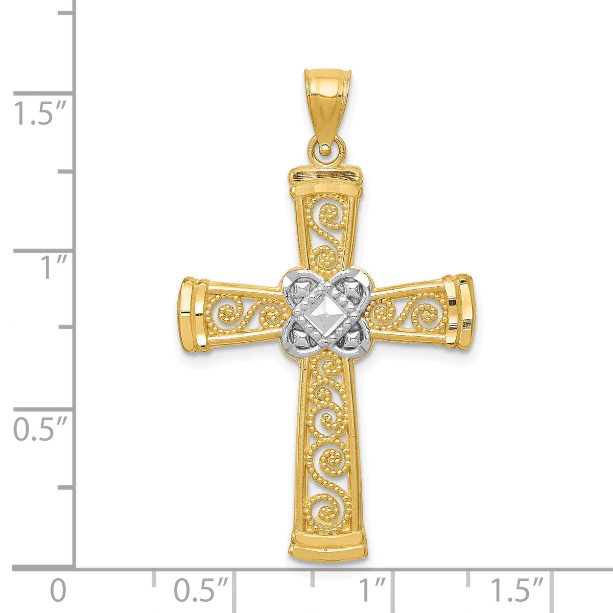 14k w/Rhodium Diamond-cut Filigree Cross Pendant-K6321