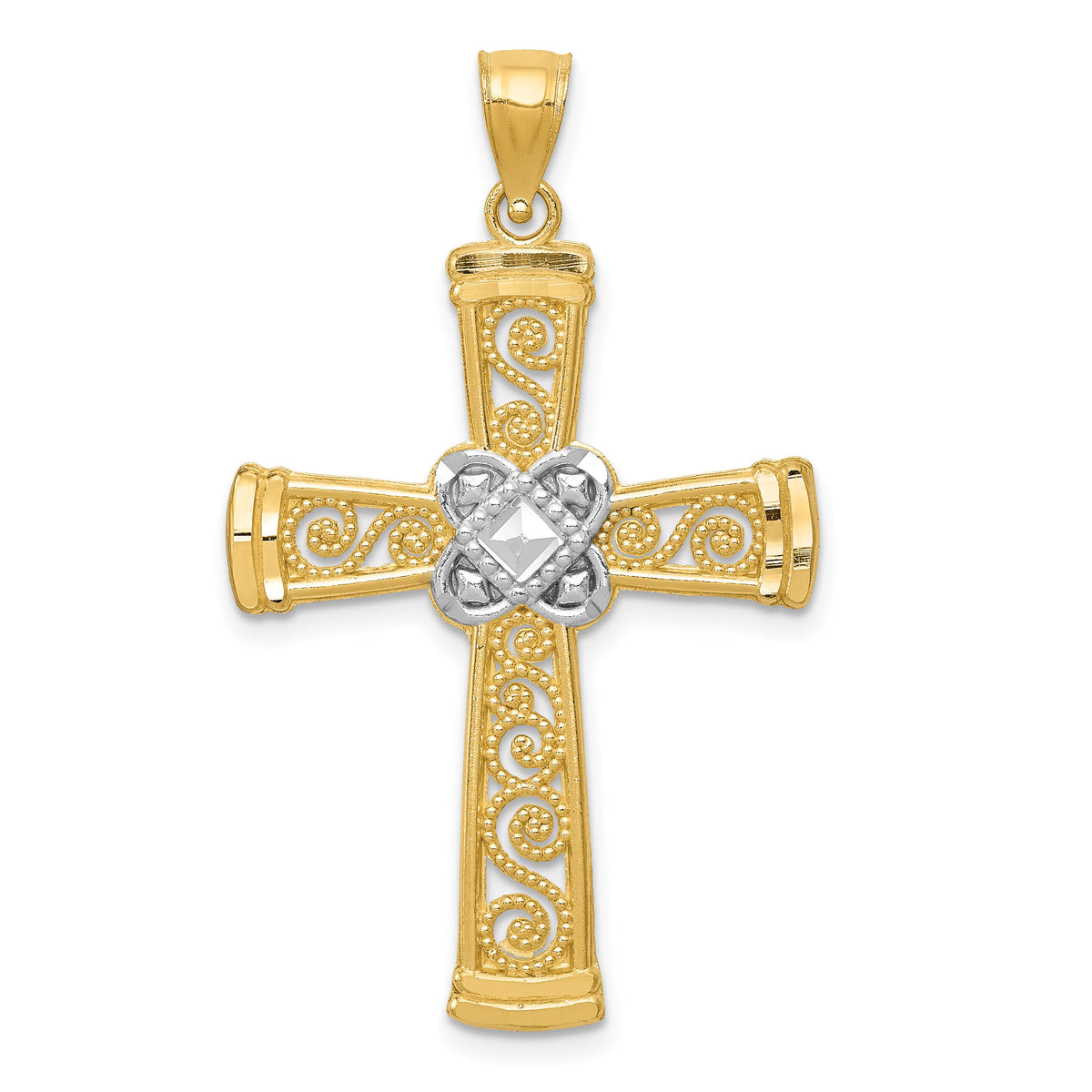 14k w/Rhodium Diamond-cut Filigree Cross Pendant-K6321