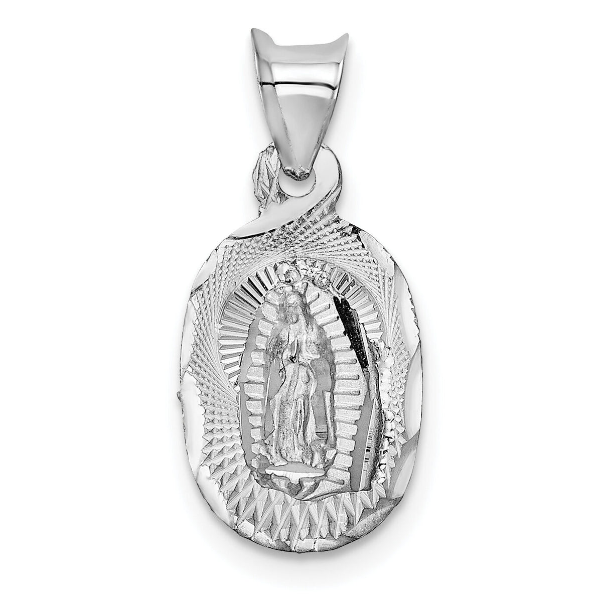 14k White Gold Our Lady of Guadalupe Semi-solid Oval Pendant-K6337