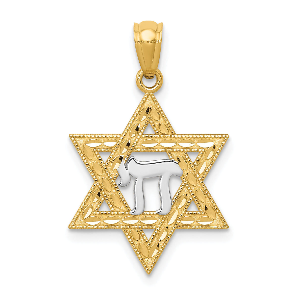14k w/Rhodium Star of David w/Chai Pendant-K6373