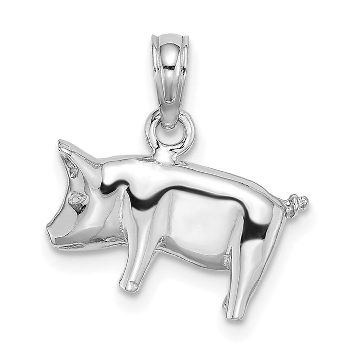 14K White Gold 3-D Polished Pig with Curly Tail Charm-K6465W