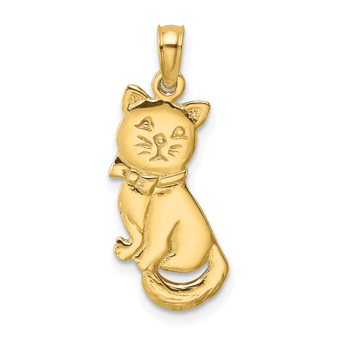 14K 3-D Polished and Bow Sitting Cat Charm-K6595