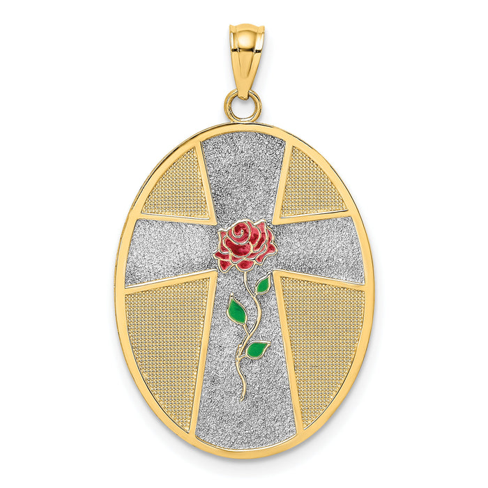 14K w/ Rhodium Enamel Rose Serenity Prayer Oval Disc Charm-K6640