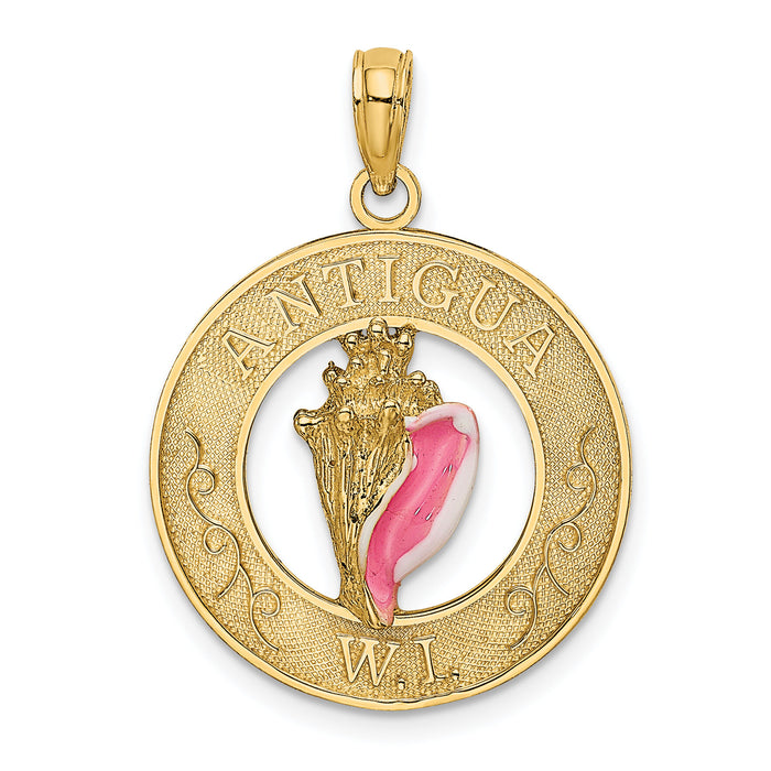 14K ANTIGUA, WI Circle w/ Enamel Conch Shell Charm-K6646