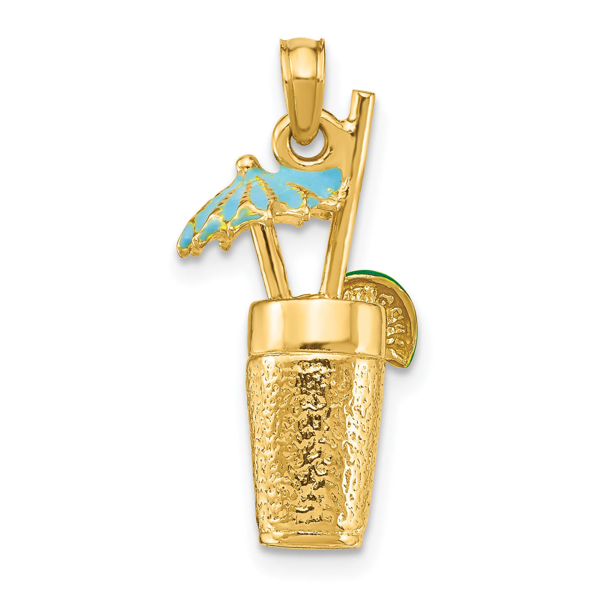 14K 3-D Cocktail Drink w/ Enamel Umbrella and Lime Charm-K6678