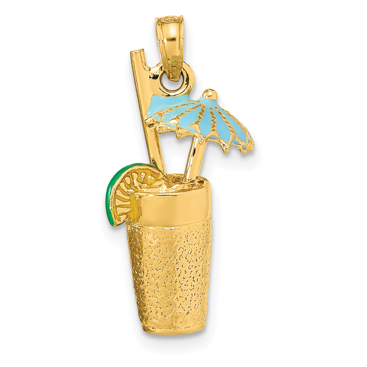 14K 3-D Cocktail Drink w/ Enamel Umbrella and Lime Charm-K6678