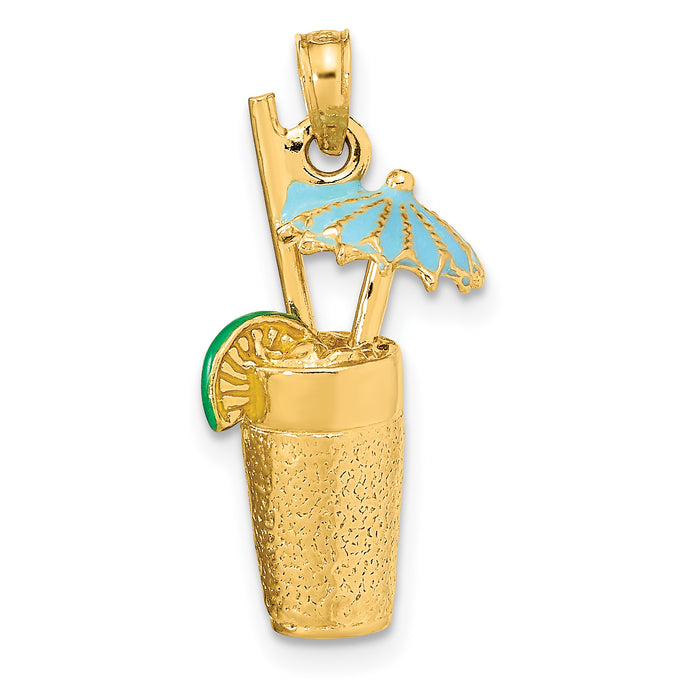 14K 3-D Cocktail Drink w/ Enamel Umbrella and Lime Charm-K6678