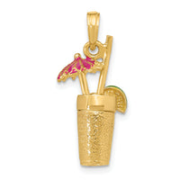 14K 3-D Cocktail Drink w/Fuschia Enamel Umbrella and Lime Charm-K6679