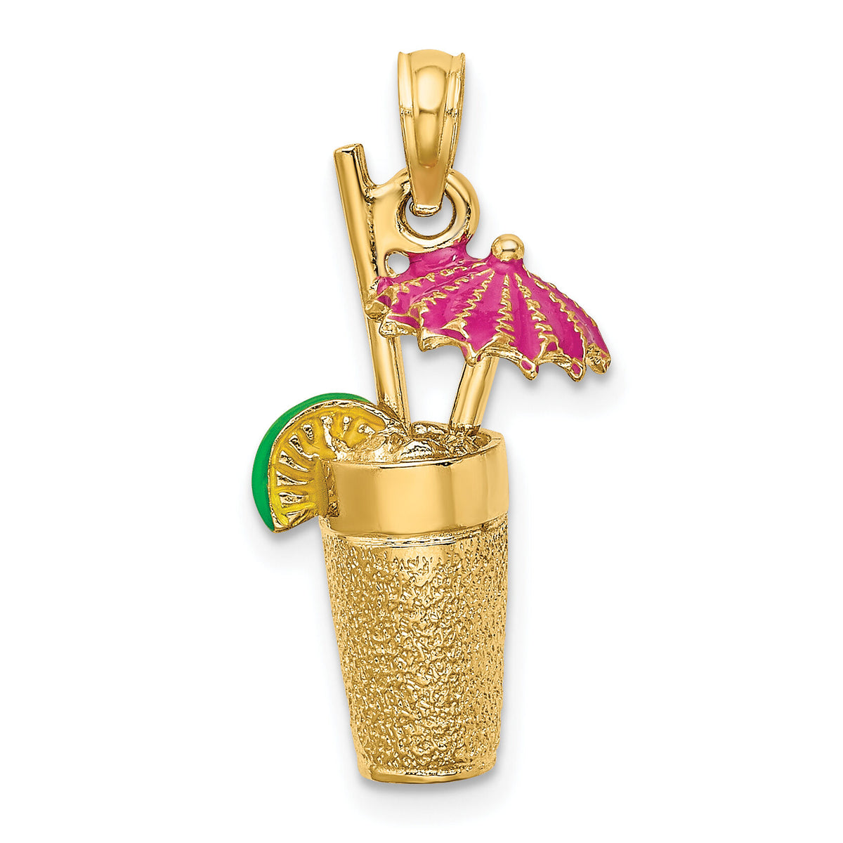 14K 3-D Cocktail Drink w/Fuschia Enamel Umbrella and Lime Charm-K6679