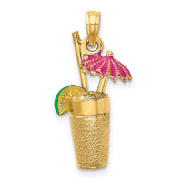 14K 3-D Cocktail Drink w/Fuschia Enamel Umbrella and Lime Charm-K6679