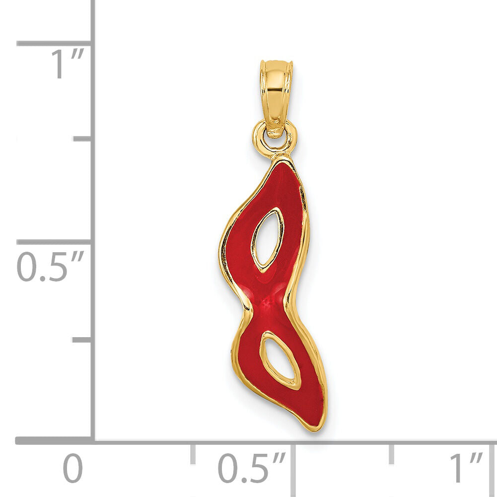 14K 3-D and Beveled W/Red Enamel Masquerade Mask Pendant-K6724