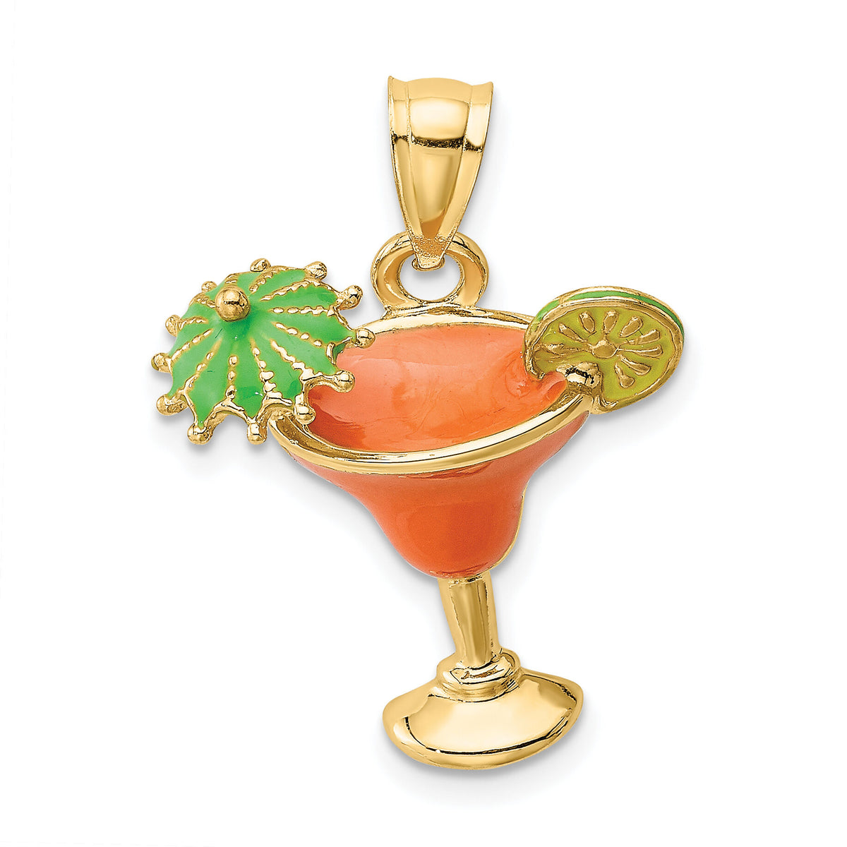 14K Orange Enameled Margarita Drink w/Umbrella and Lime Charm-K6777