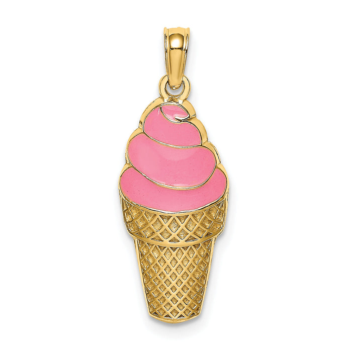 14K Pink Enameled Strawberry Ice Cream Cone Charm-K6799