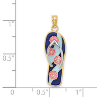 14K Rhodium 3D Enamel Pink Flowers On Blue Stripes Flip-Flop Charm-K6802