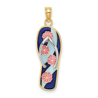 14K Rhodium 3D Enamel Pink Flowers On Blue Stripes Flip-Flop Charm-K6802
