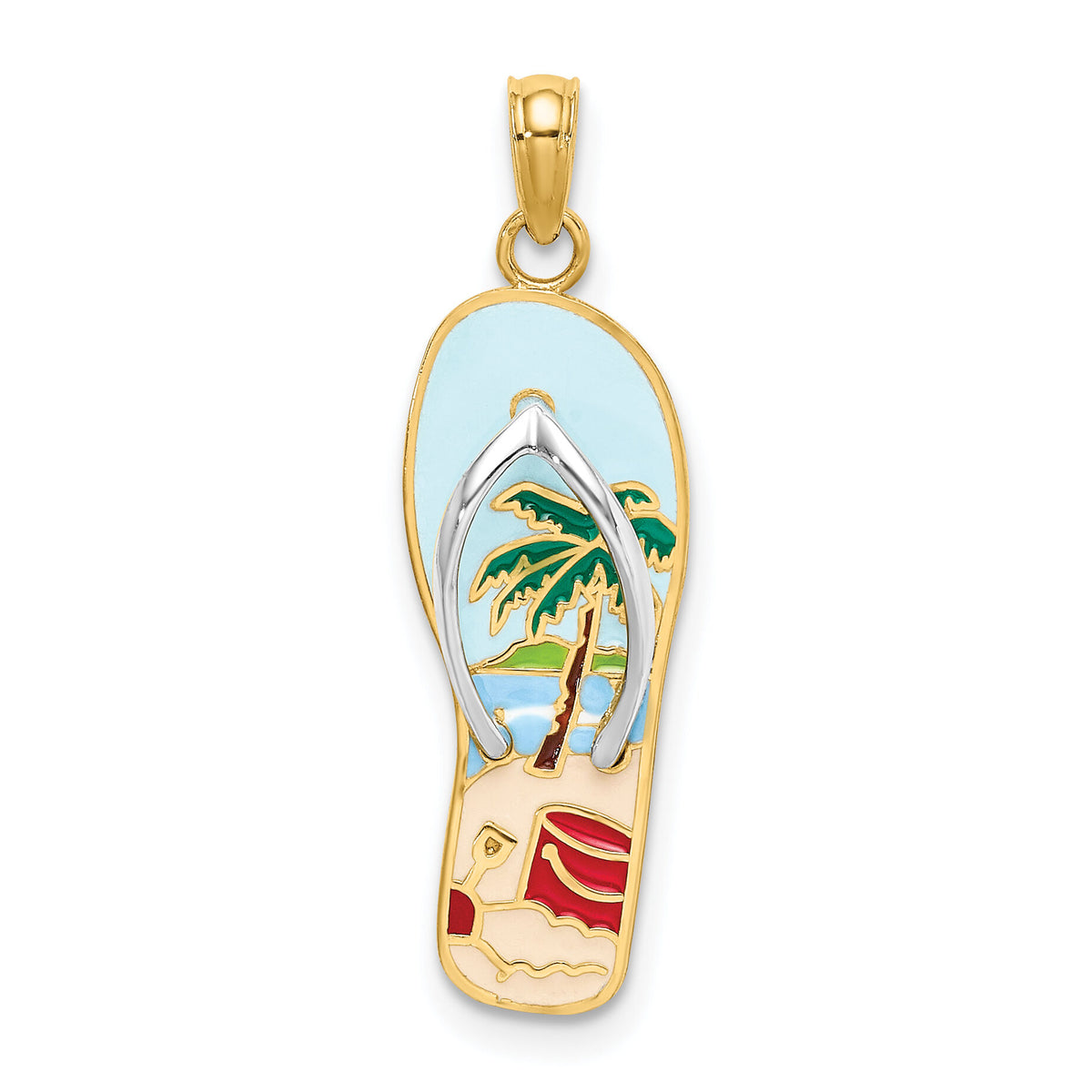 14K w/Rhodium 3D Enamel Palm Tree and Bucket Flip-Flop Charm-K6804