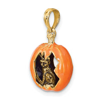 14K 3-D Enameled Pumpkin w/Black Cat and Moon Charm-K6809